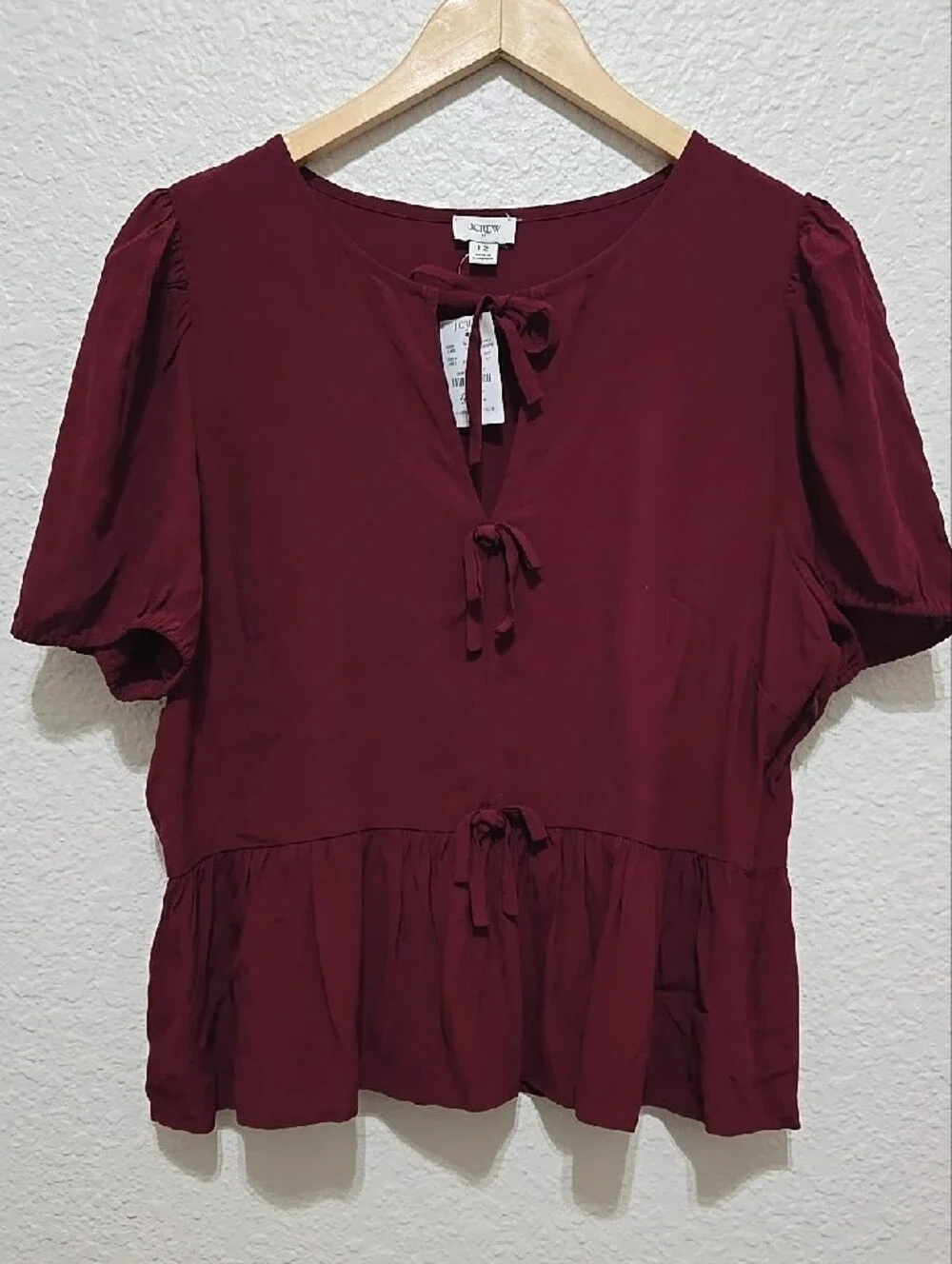 NWT J. Crew Burgundy Tie-Front Peplum Top